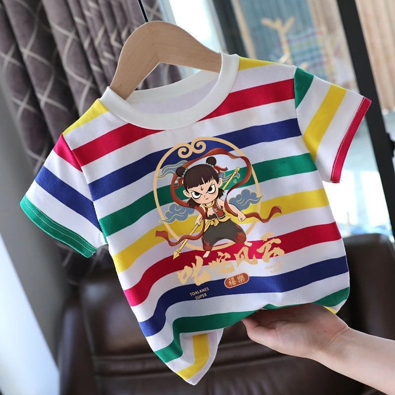 夏季纯棉儿童新款条纹短袖T恤卡通哪吒男童女童短袖宝宝条纹上衣