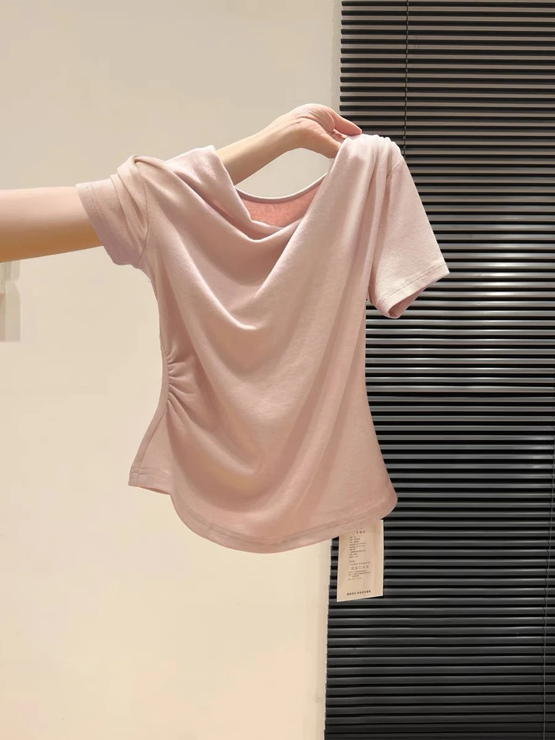 韩系甜妹斜肩领荡领温柔短袖浅粉色T恤女夏季褶皱显瘦纯色上衣