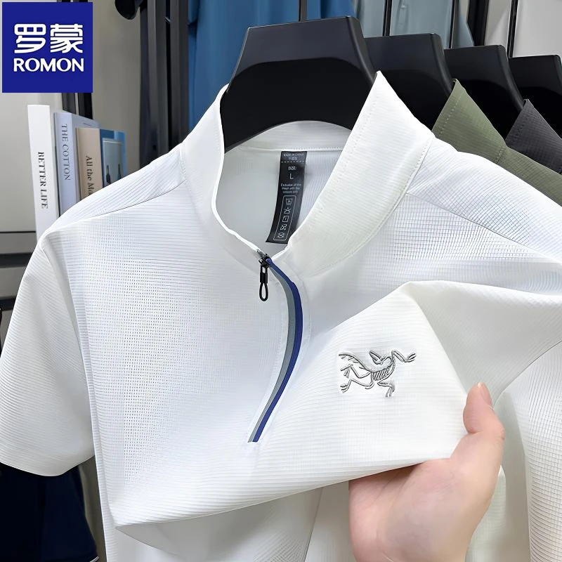 罗蒙薄款纯色痞帅立领拉链短袖刺绣鸟T恤男士宽松休闲凉感半袖t恤