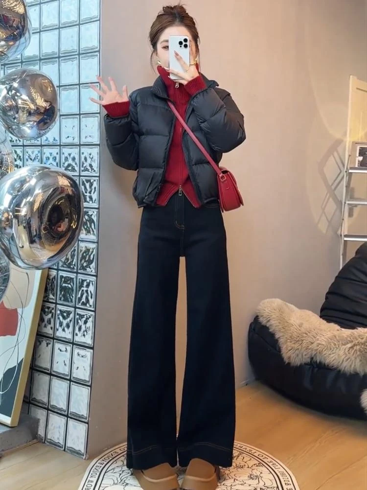 冬季穿搭一整套小个子立领宽松短款羽绒棉服外套麻花毛衣女牛仔裤