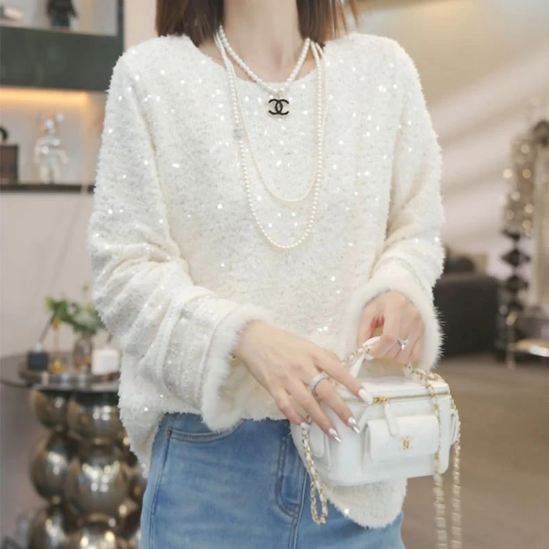 法式高级重工设计感亮片长袖T恤2025冬新款洋气百搭修身减龄上衣