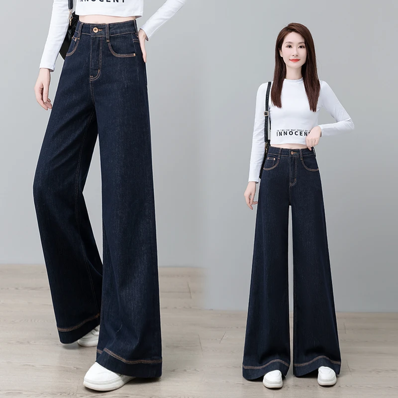 丹宁蓝牛仔阔腿裤女2025秋季新款网红爆款高端气质百搭高腰直筒裤
