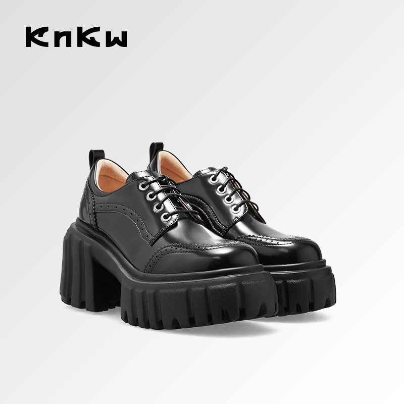 KNKW时尚厚底粗跟小皮鞋2025休闲耐磨百搭系带圆头女鞋W4108069