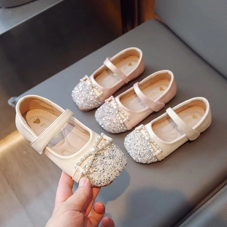 ABC女童鞋子软底洋气百搭小皮鞋春秋新款女宝宝水晶闪亮水钻单鞋