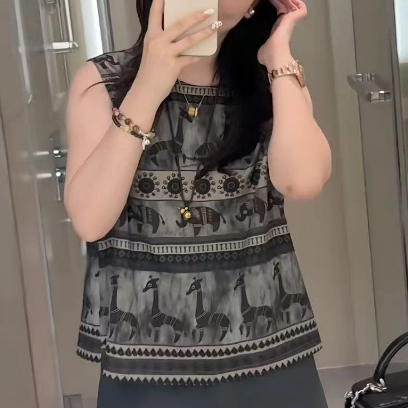 设计感小众复古大象印花无袖韩系上衣女2025夏季新款宽松漂亮小衫