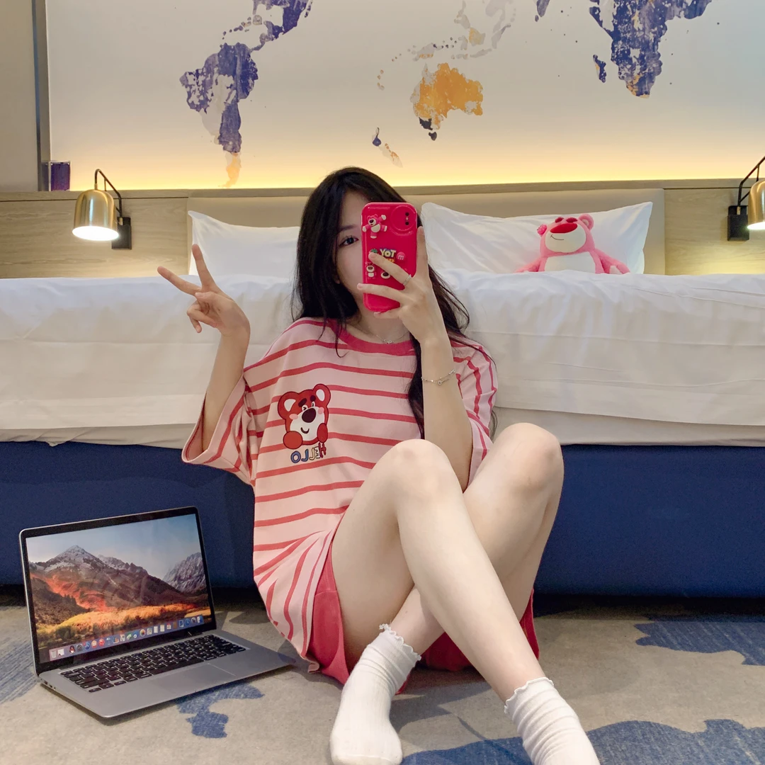 夏季睡衣女可爱卡通条纹纯棉短袖短裤网红风学生女套装大码家居服