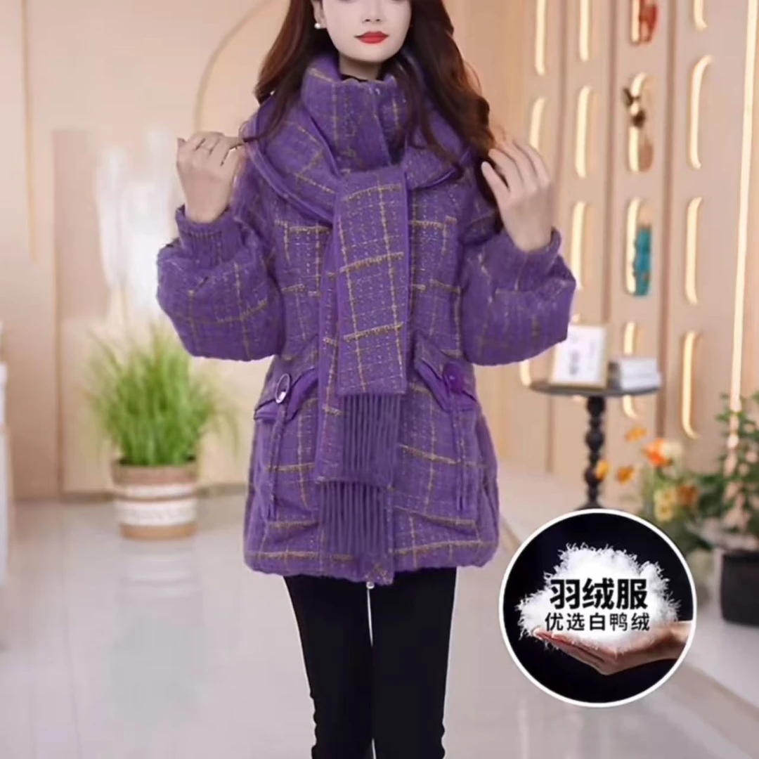 时尚格纹连帽羽绒服女冬季2025新款宽松减龄保暖小个子白鸭绒外套