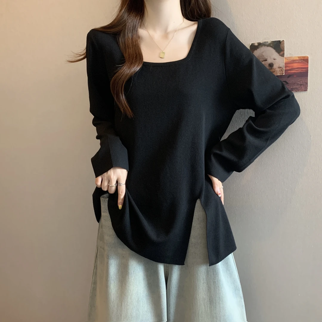 大码长袖方领针织衫女春秋内搭显瘦胖mm设计感不规则开叉正肩上衣