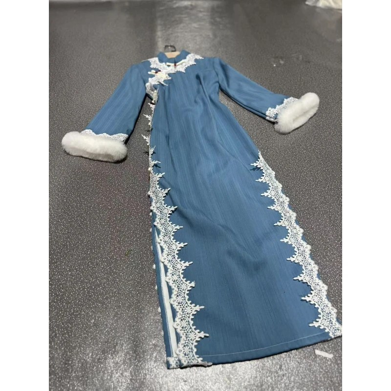 1603 蓝色 素板 宽蕾丝花边 旗袍