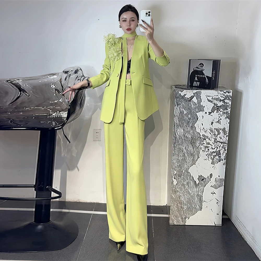 高级感时尚西服套装2025春夏牛油果绿花朵飘带职业西装裤子四件套