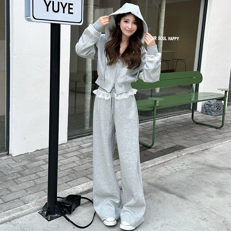 洋气蕾丝拼接连帽卫衣套装女2026春季新款设计感时尚气质两件套