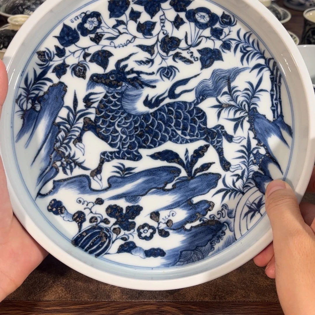 景德镇麒麟青花壶承20cm全品