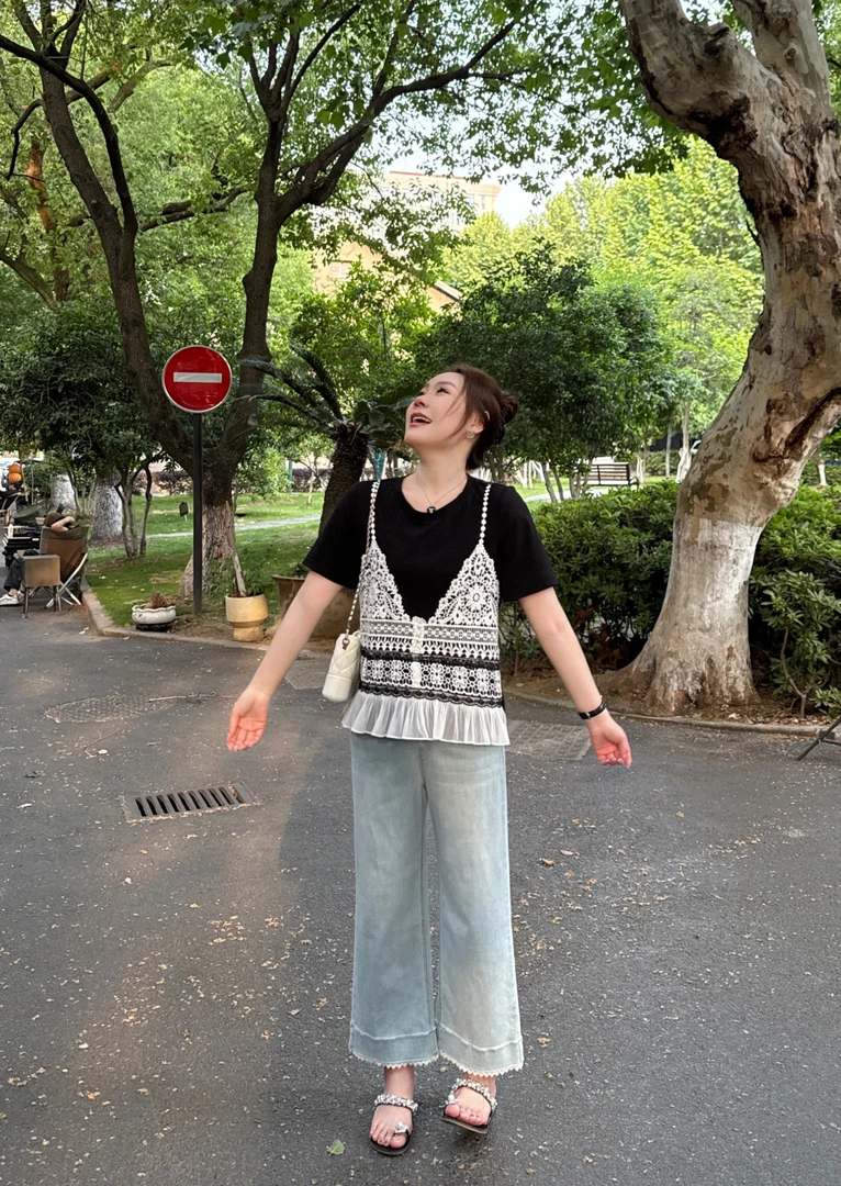 NANJIE/楠姐【野蔷薇】夏季拼接设计感气质韩版短袖上衣XNS6374