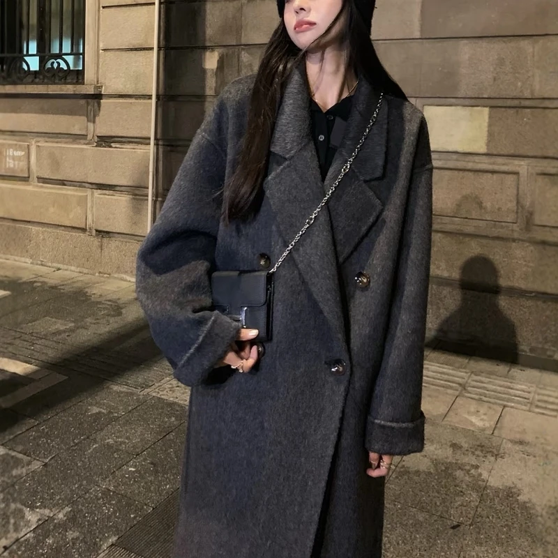 黑灰色加厚呢子大衣女2025秋冬新款中长款羽绒加厚内胆中长款外套