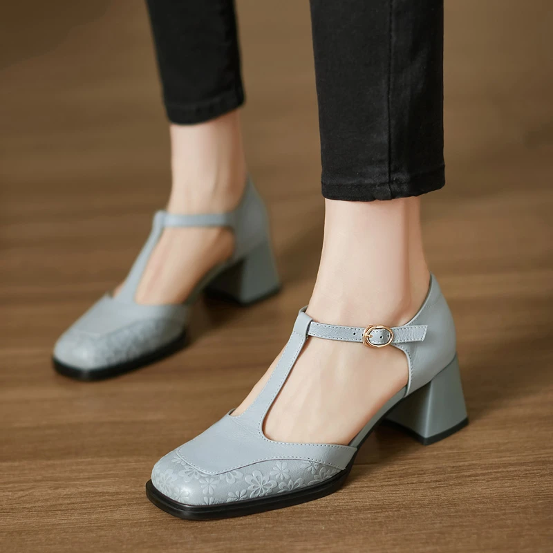 修悦女鞋~5cm中跟包头凉鞋女蓝色中空鞋丁字扣带玛丽珍鞋高跟鞋