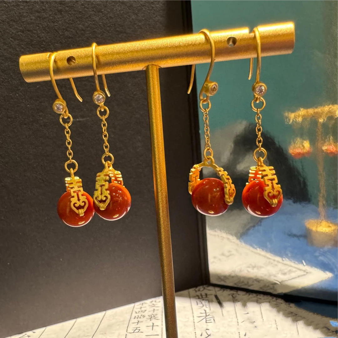 S925银南红玛瑙耳饰-多样性发一珠径8*8mm-NH171