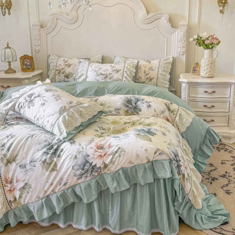 奢华床品法式花边纯棉四件套纯棉100%全棉公主风春夏款床裙四件套