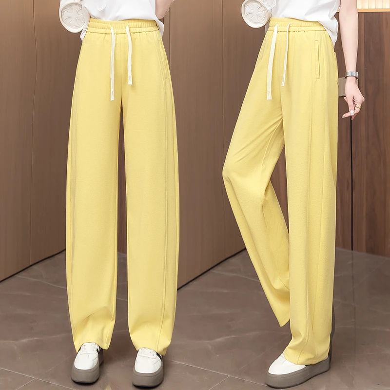 天丝莫代尔棉黄色香蕉阔腿裤女2025夏新款高腰休闲垂感宽松弯刀裤