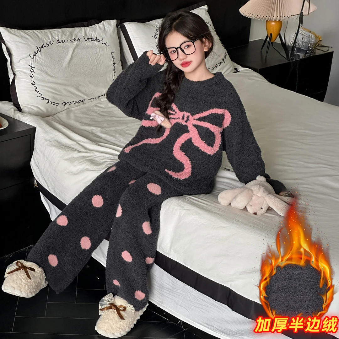 儿童睡衣女孩珊瑚绒冬2025新款女童冬季半边绒大童加绒加厚家居服