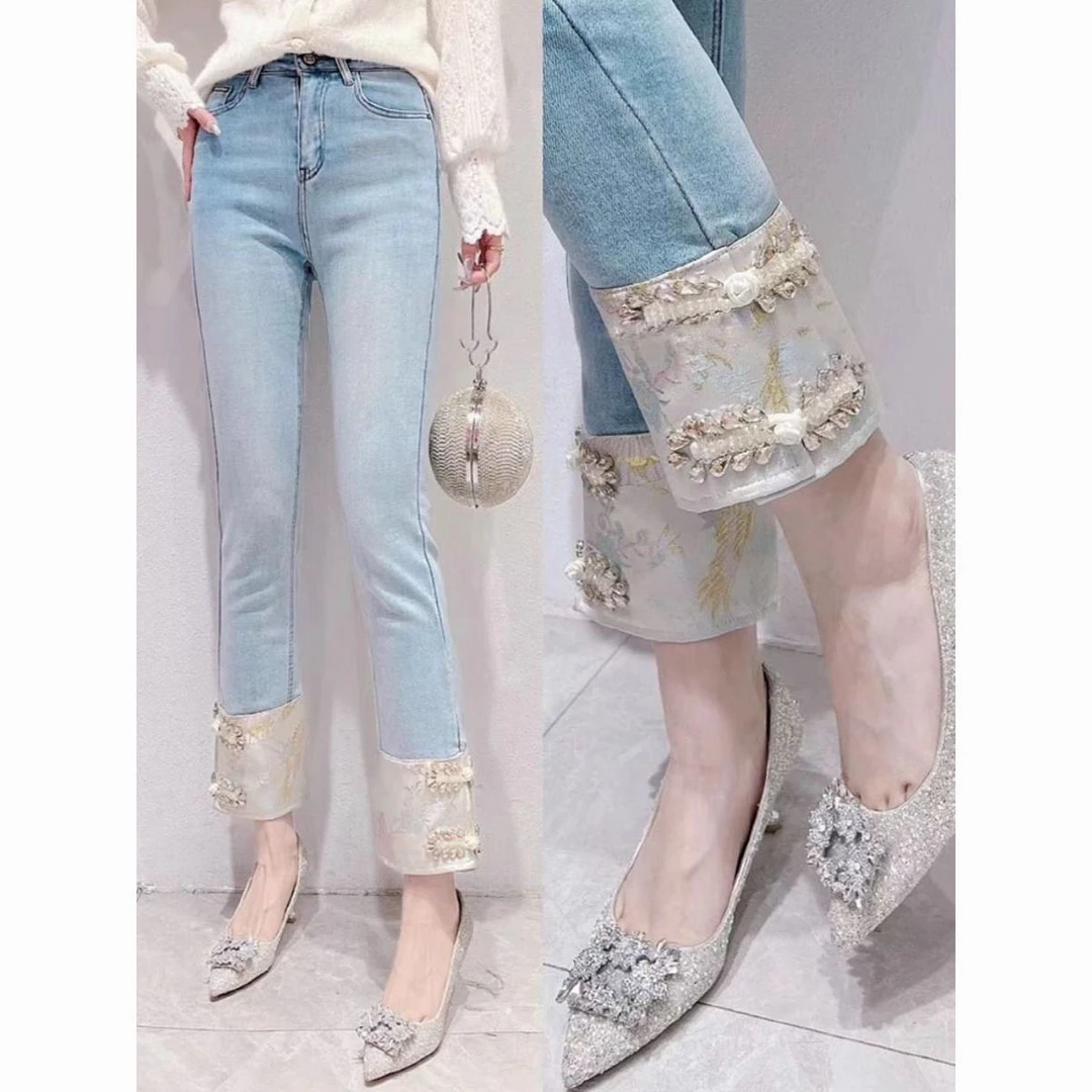 新中式国风重工镶钻九分牛仔裤女2025年春新款高腰显瘦弹力烟管裤