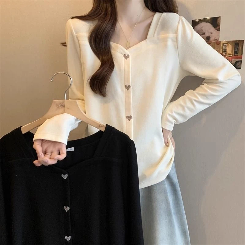 大码胖mm设计感方领拼接长袖t恤女2025春秋新款洋气显瘦遮肉上衣