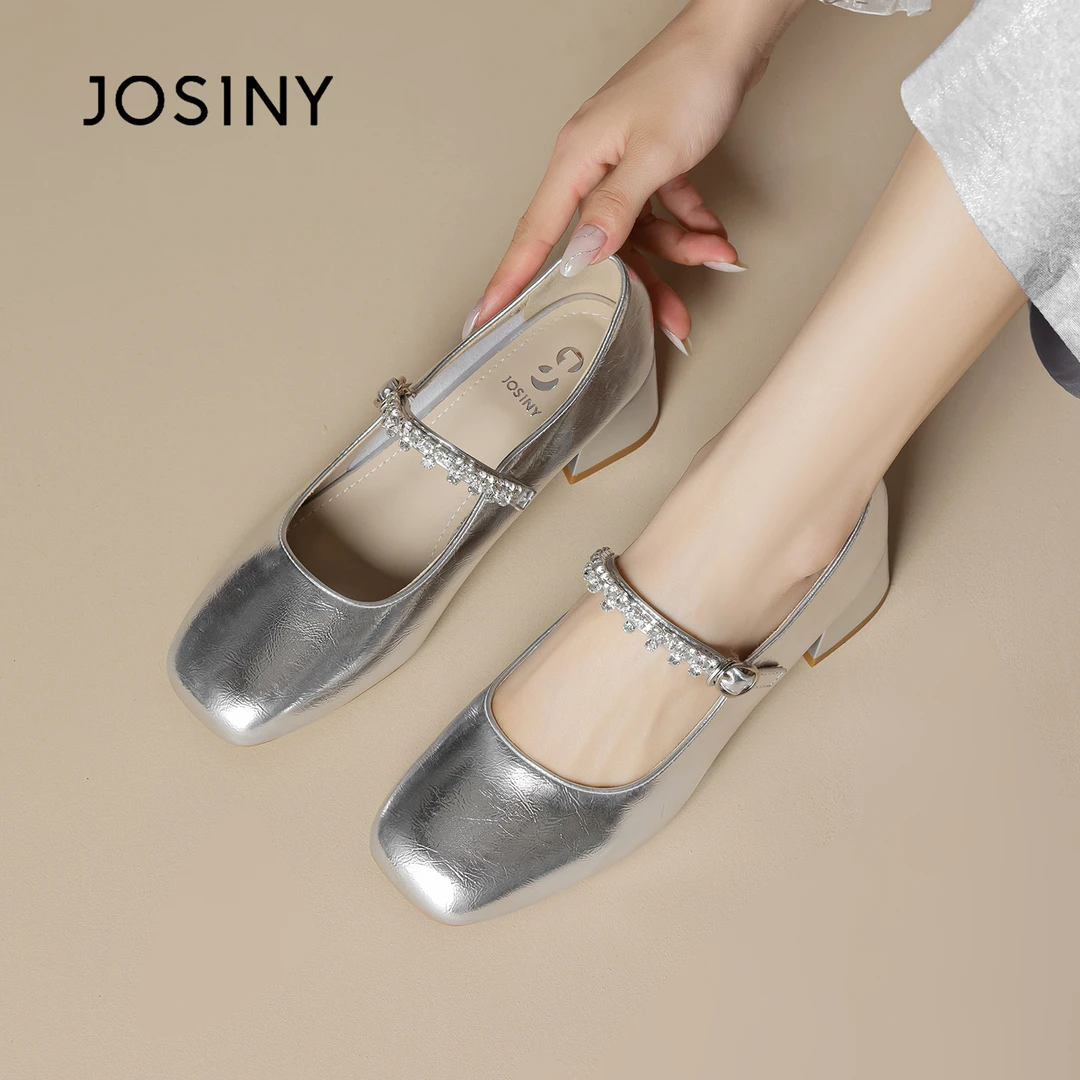 卓诗尼法式一字带单鞋女粗跟秋季女鞋高跟鞋小香风方头鞋子女