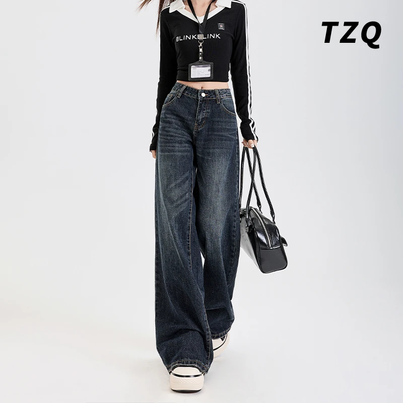 美式蓝灰色阔腿牛仔裤女夏季复古宽松显瘦垂感直筒裤子TZQ2511609