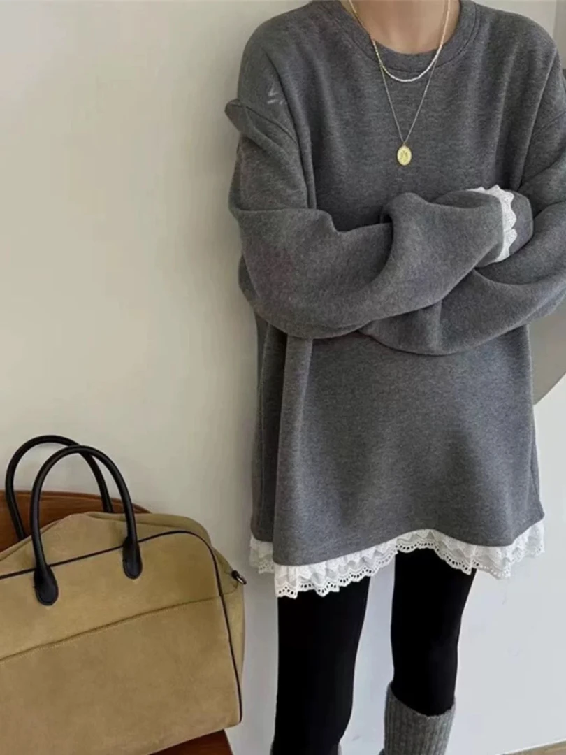 卫衣女2024冬季款韩版时尚下摆蕾丝花边设计气质减龄加绒保暖上衣