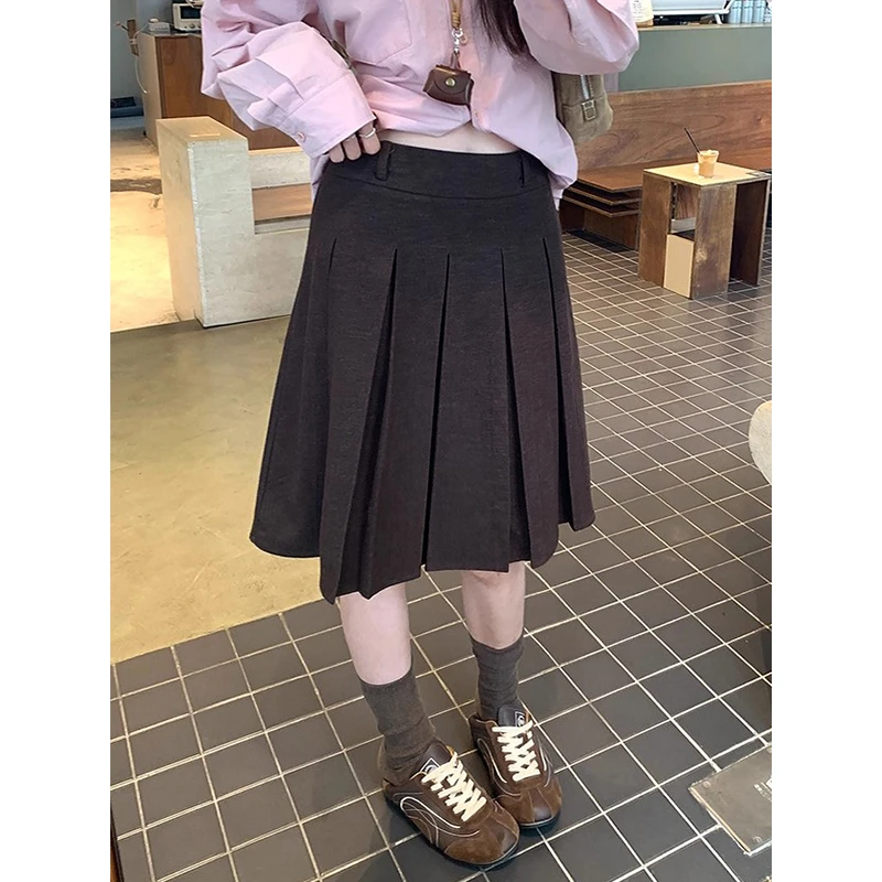 耶古日系咖啡色百褶a字毛呢半身裙女秋冬新款高腰气质百搭中长裙