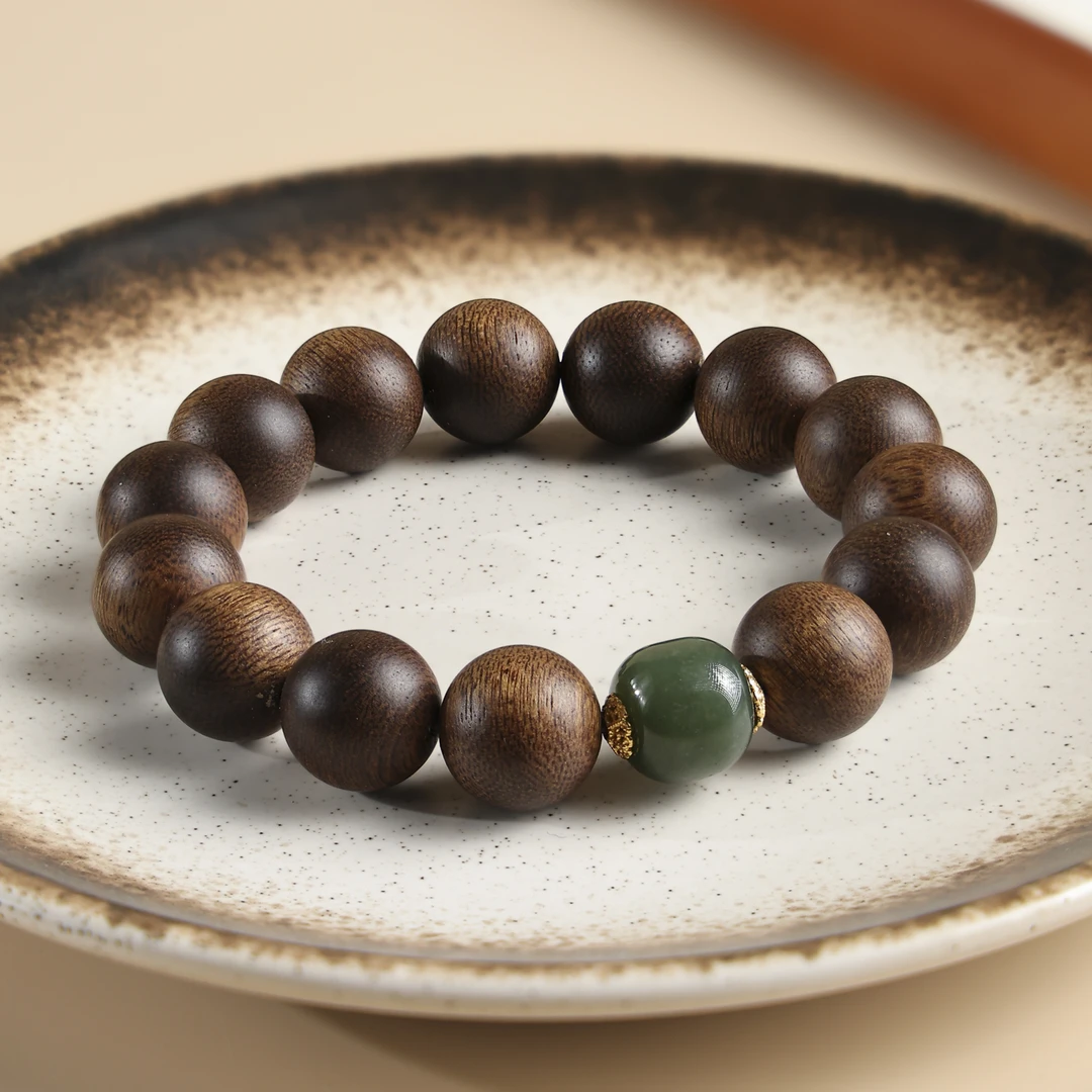 沉香大屿山老顶料14mm黄奇沉香镶嵌和田玉设计款手串HXCX-14D105