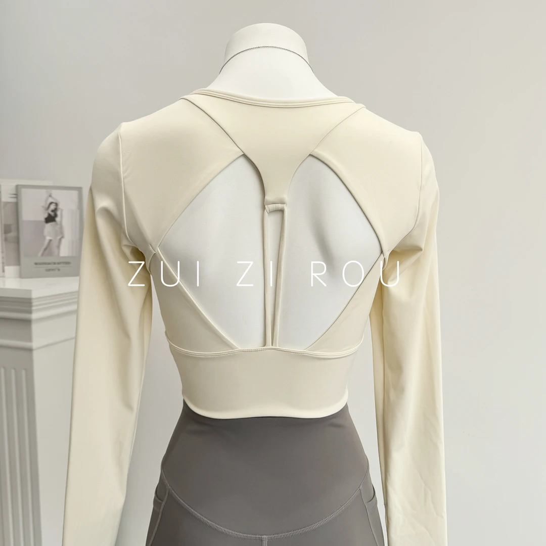 瑜伽服女长袖镂空美背春秋季专业运动紧身衣带胸垫普拉提健身上衣