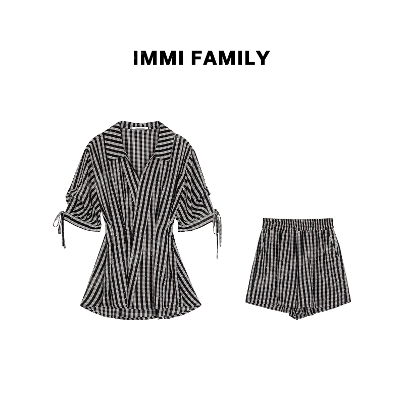 “素格星语”法式复古格纹拼色收腰V领衬衫休闲时尚气质套装女