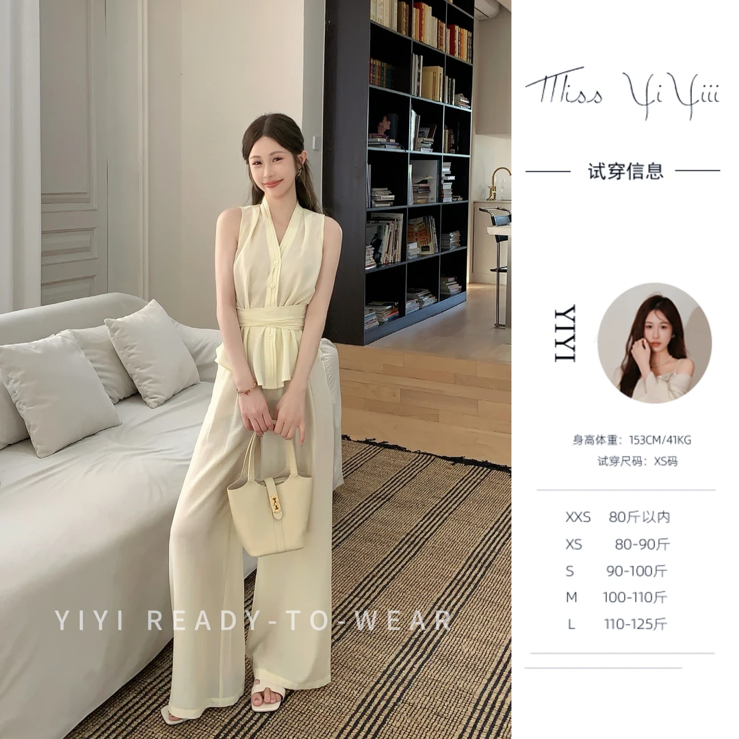 【夏日栀子】<YiYiii>小个子时尚V领藏肉上衣高级显瘦高腰直筒裤子