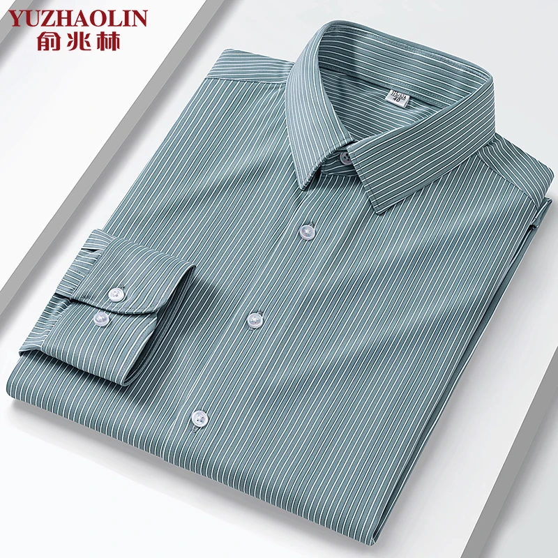 俞兆林白条纹衬衫长袖男装秋季宽松透气通勤商务正装爸爸休闲衬衣