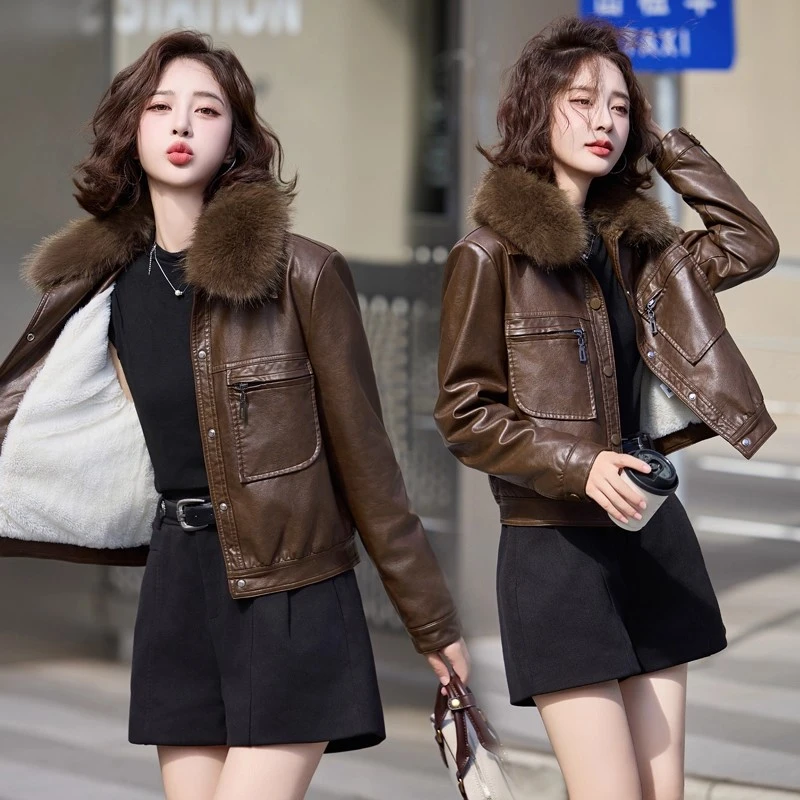 皮衣外套女加绒加厚2025冬季新款爆款小个子港风复古防寒保暖夹克