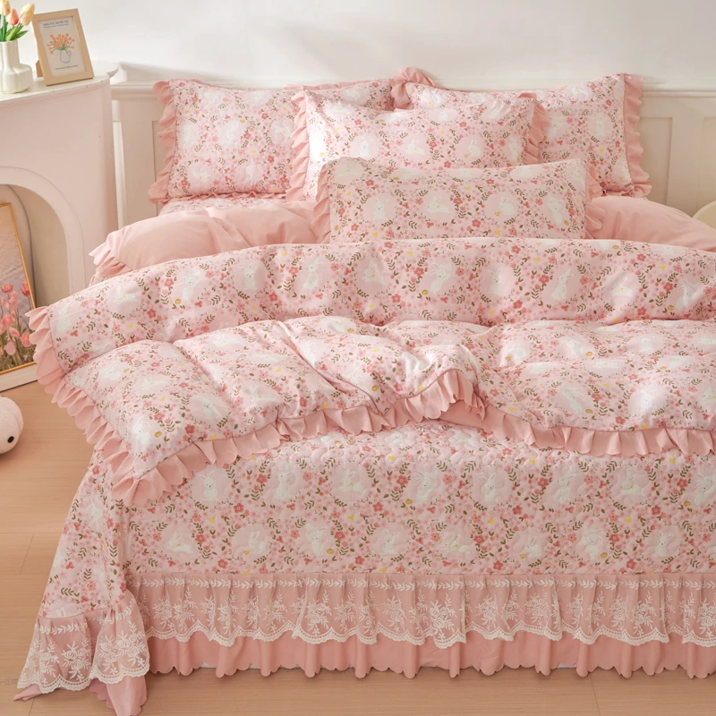 小清新四件套被套夹棉床单防滑床盖款非全棉纯棉被罩家用加厚磨毛