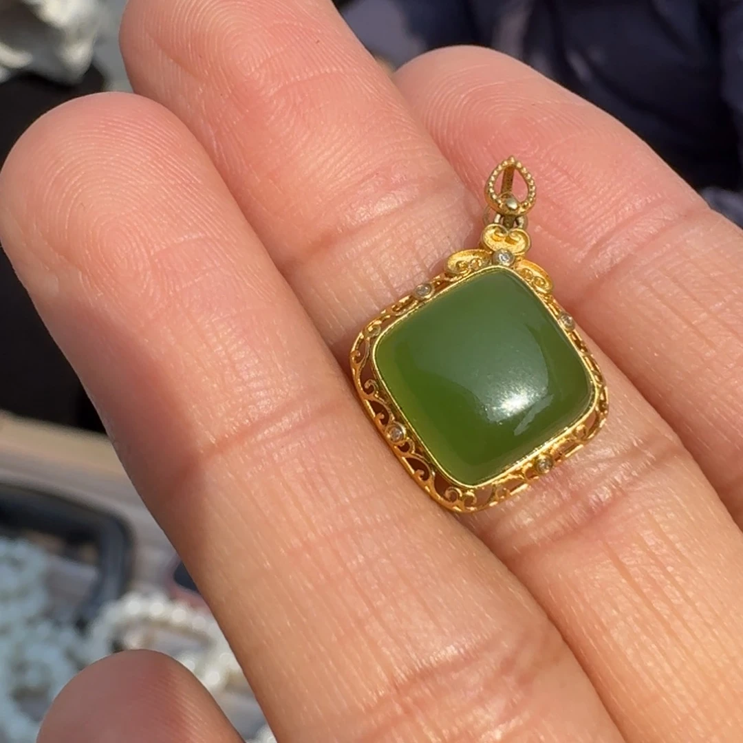 和田玉颈饰18K金镶嵌俄料碧玉方糖TZ多样性拍一发一