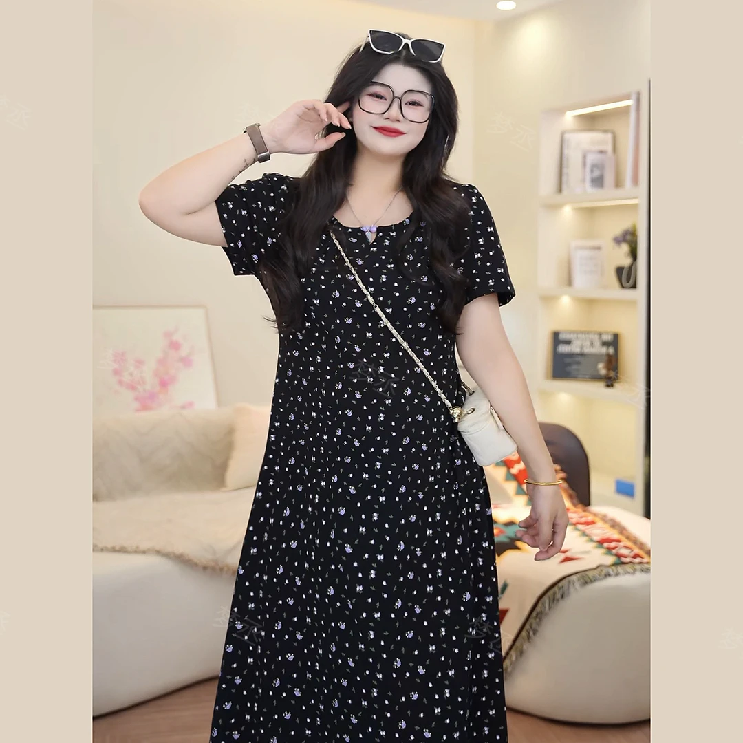 梦丞【花间迷途】微胖时尚洋气A字裙气质镂空碎花收腰短袖连衣裙