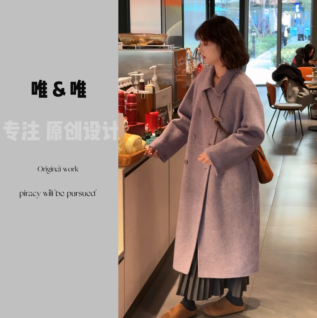 双面羊毛大衣韩系女士小个子秋冬时尚百搭宽松休闲中长款毛呢外套