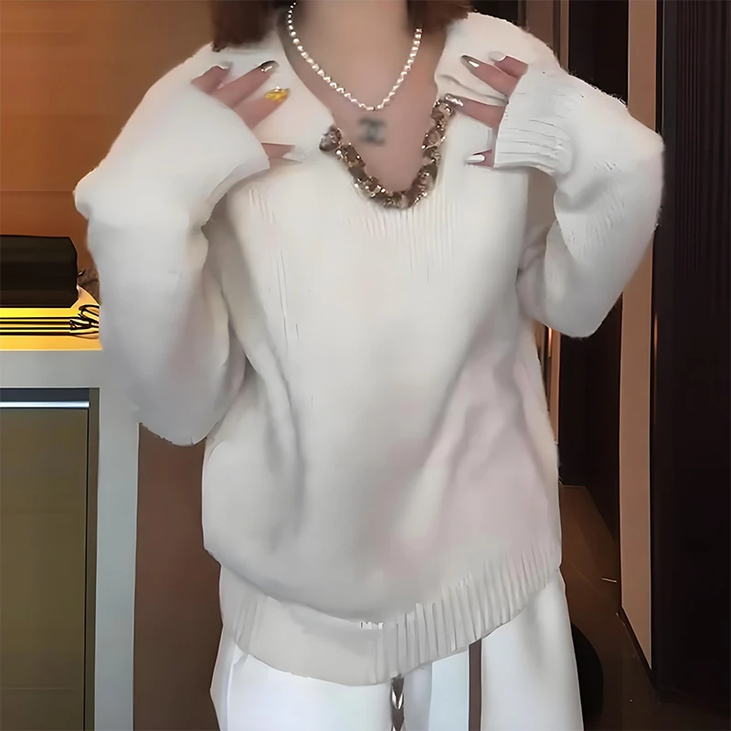 韩系时尚百搭翻领长袖针织衫女秋季2025新款慵懒软糯百搭气质毛衣