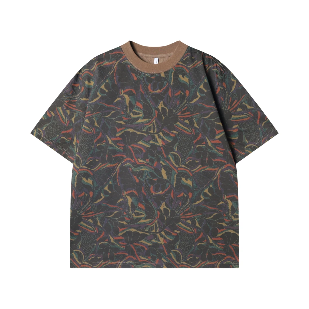 夏季高级感新款潮牌设计感撞色抽象圆领短袖T恤复古宽松休闲上衣