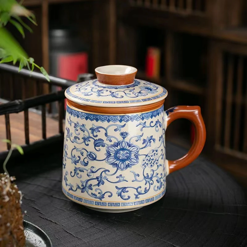 HSF1002米黄青花办公杯汝窑办公杯缠枝莲办公杯三件套1070