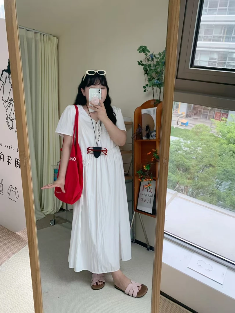 【鱼白定制】【运补6-10】2025新款法式收腰系带白色连衣长裙