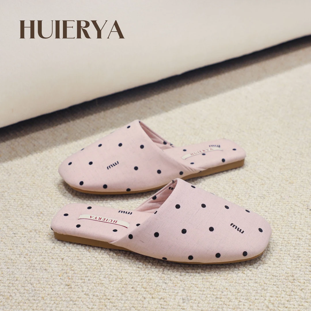 波点少女风系列网红软底居家棉拖鞋包头女鞋平底女士