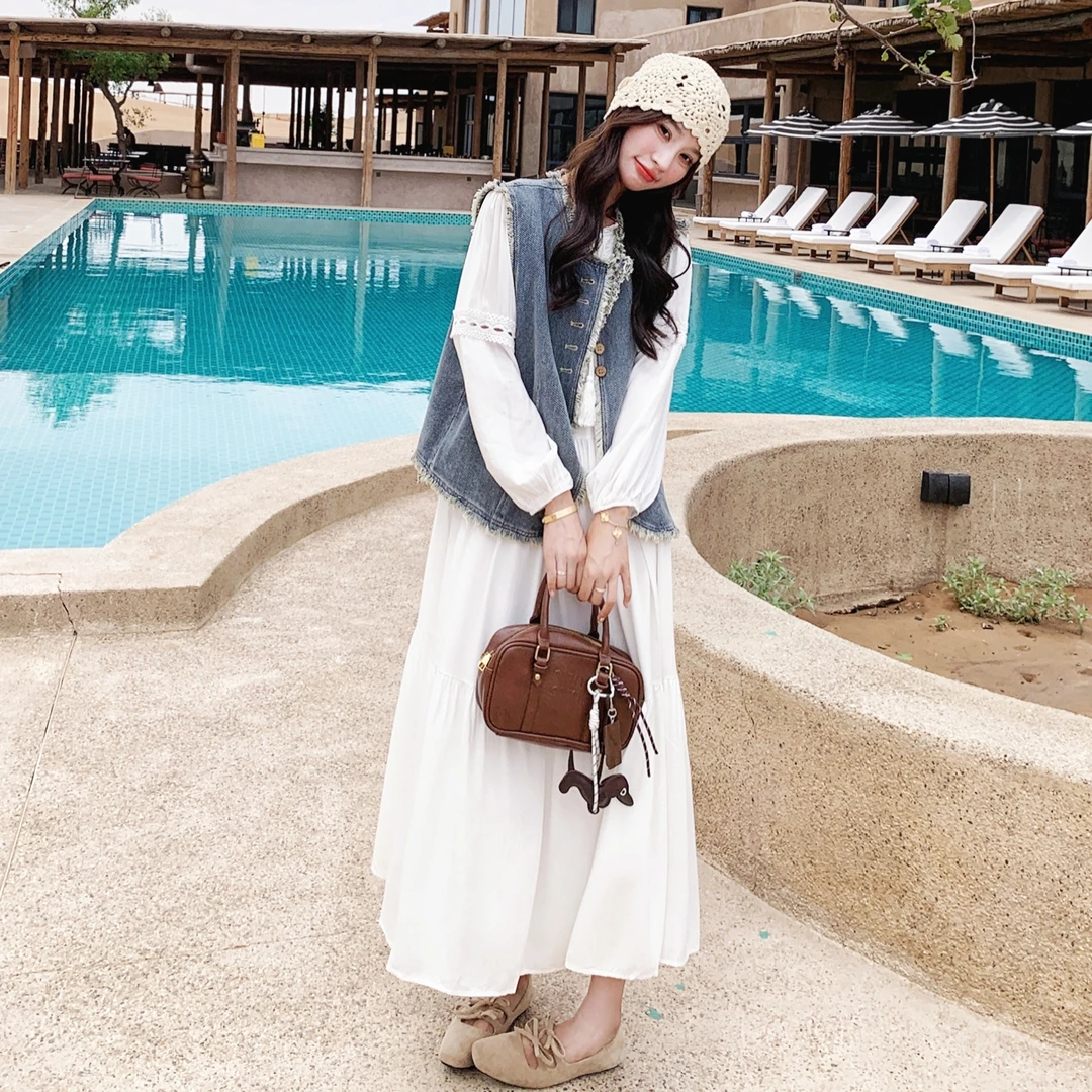 仙女风优雅百搭减龄套装裙女秋新款元气显瘦牛仔马甲连衣裙两件套