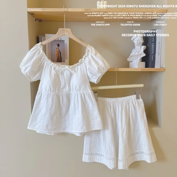 【甜梦初醒】夏季棉带胸垫短袖睡衣套装家居服纯欲女可外穿显瘦