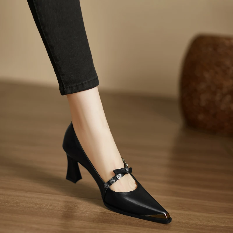 小个子手工女鞋7.5cm~轻奢小众方头百搭单鞋女不累脚宴会高跟鞋