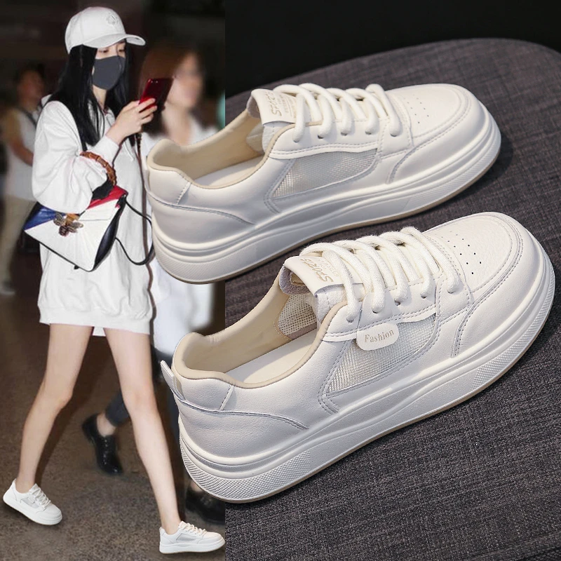 小白鞋女生百搭网面透气厚底松糕2025春夏薄款爆款休闲运动板鞋女