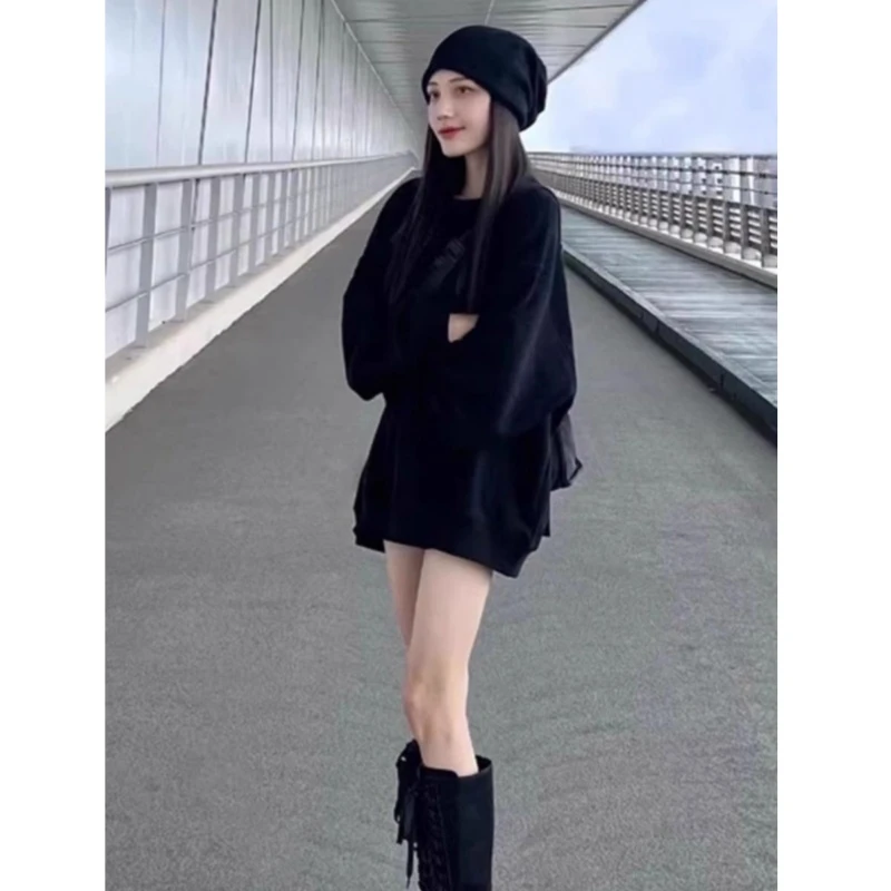 秋冬季美式黑色圆领卫衣女加绒加厚宽松显瘦休闲oversize长袖上衣