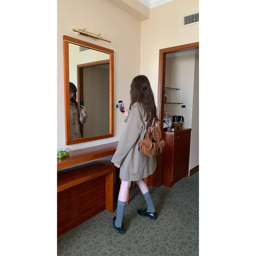 RAINY 韩系设计感中长款娃娃领风衣宽松双排扣新款斗篷外套2083